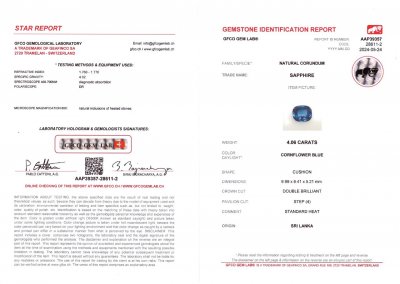 Сертификат  Синий сапфир в огранке кушон 4,06 карат, Шри- Ланка