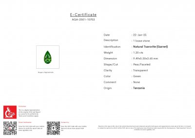 Сертификат Гранат цаворит Intense Green в огранке груша 1,20 карата, Танзания 