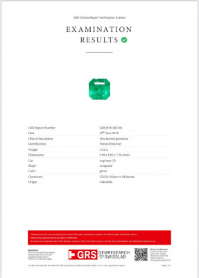 Сертификат Изумруд в огранке октагон 4,52 карат, Колумбия