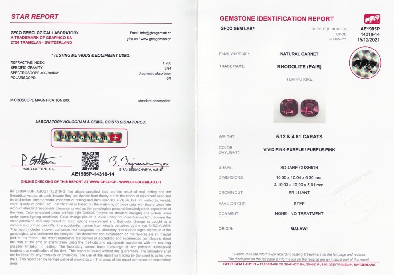 Сертификат Пара малиновых родолитов в огранке кушон 9,93 карата, Малави