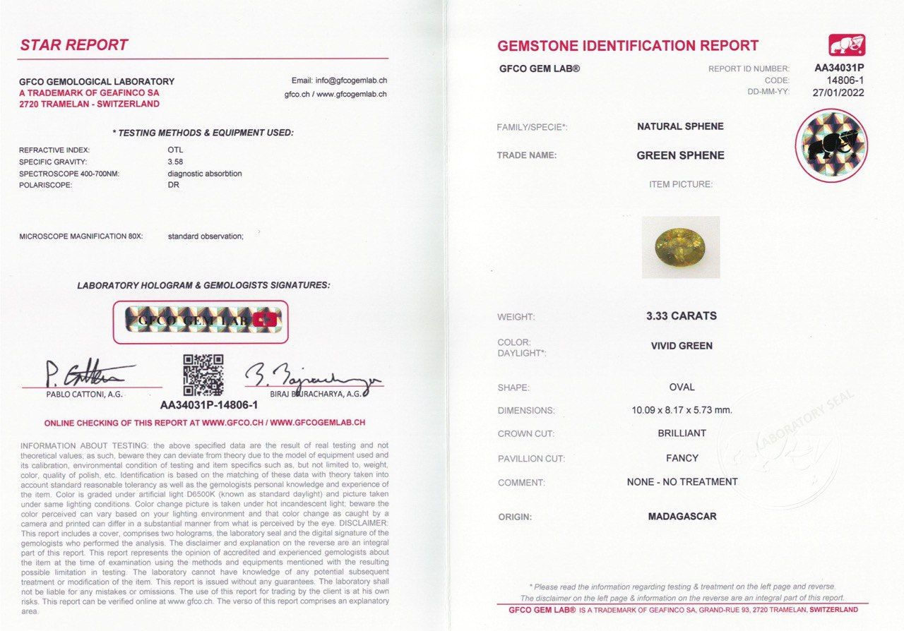Сертификат Золотисто-зеленый сфен 3,33 карата из Мадагаскара