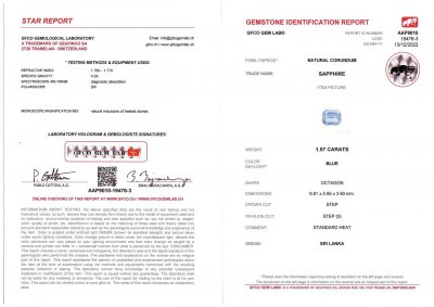 Сертификат Синий сапфир в огранке октагон 1,57 карат, Шри-Ланка