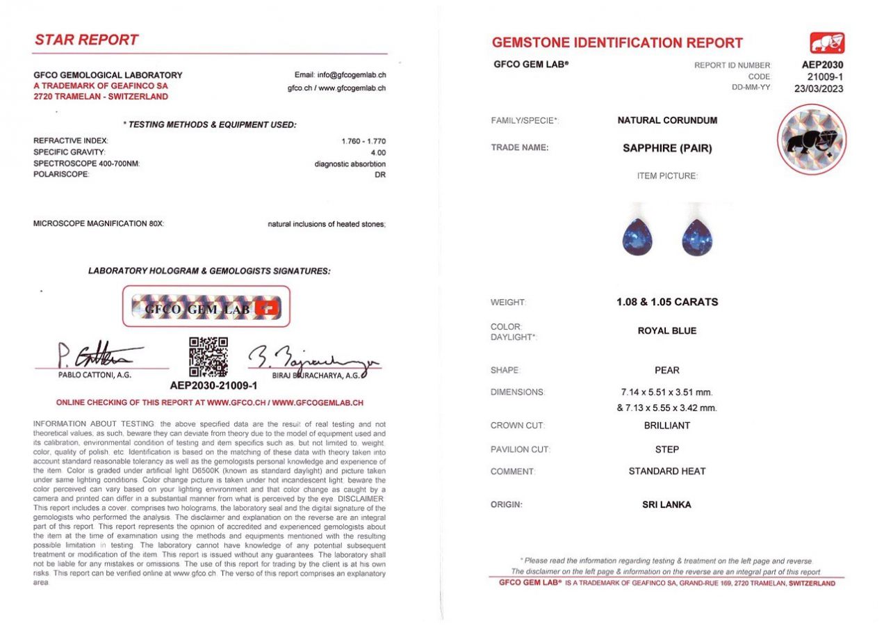 Сертификат Пара Royal Blue сапфиров 2,13 карат в огранке груша, Шри-Ланка