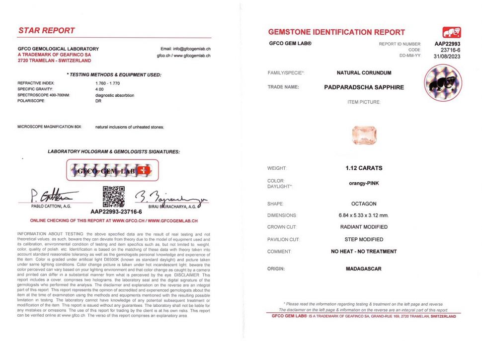 Сертификат Негретый сапфир Падпараджа в огранке радиант 1,12 карата, Шри-Ланка