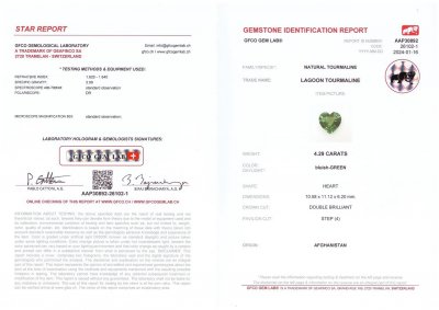Сертификат Зеленый насыщенный турмалин в огранке сердце 4,29 карата