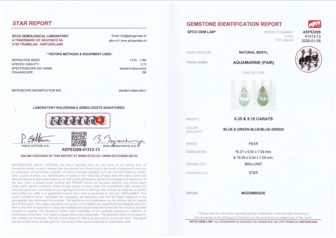 Пара аквамаринов в огранке груша 10,50 карат, Мозамбик Изображение №5