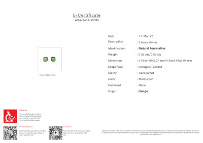 Сертификат Пара мятно-зеленых турмалинов а огранке ашер 1,04 катат, Конго