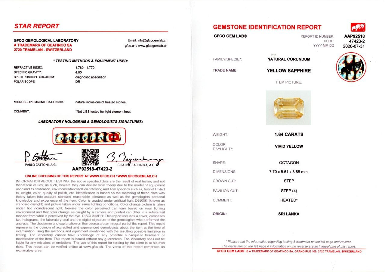 Ярко-желтый сапфир в огранке октагон 1,64 карата, Шри-Ланка Изображение №6