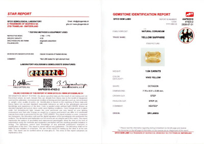 Сертификат Ярко-желтый сапфир в огранке октагон 1,64 карата, Шри-Ланка