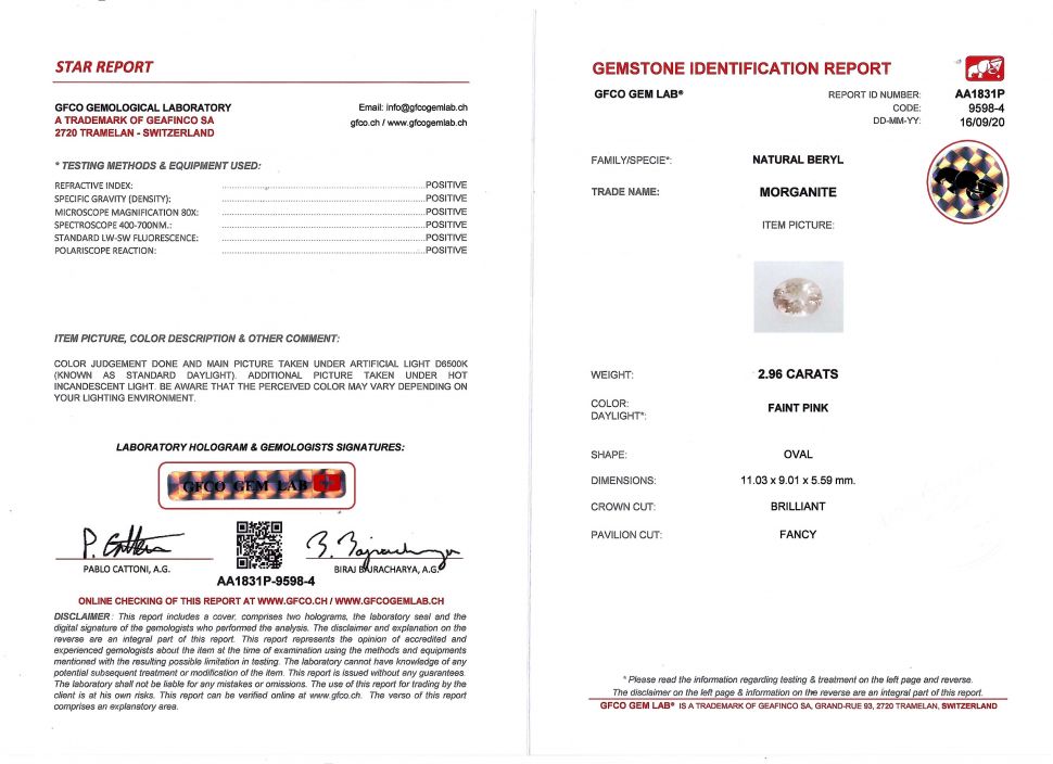Сертификат Светлый морганит в огранке овал 2,96 карата, GFCO