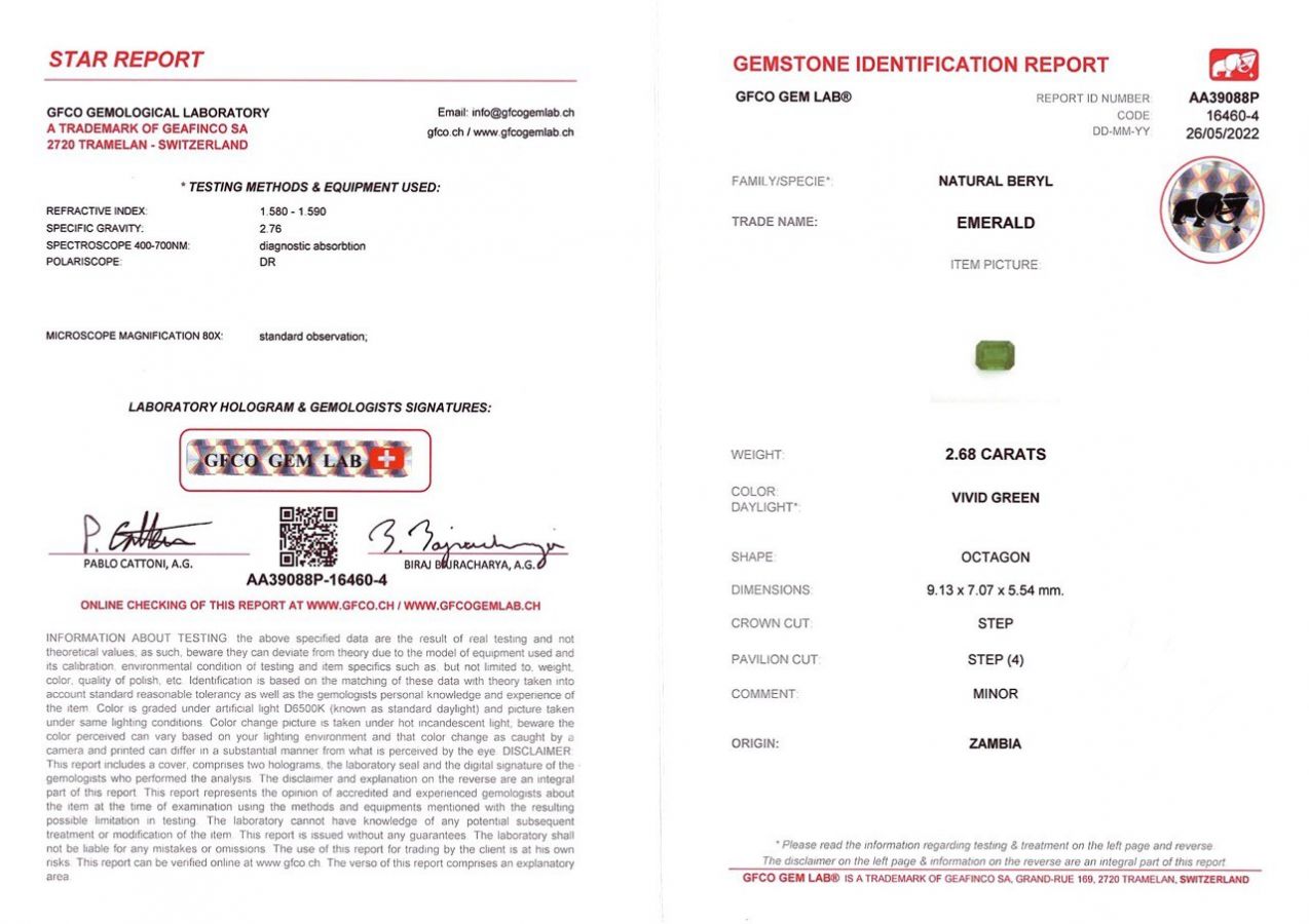Сертификат Замбийский изумруд в огранке октагон 2,68 карат