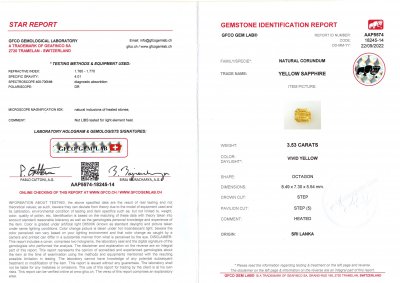 Сертификат Жёлтый сапфир в огранке октагон 3,53 карата, Шри-Ланка