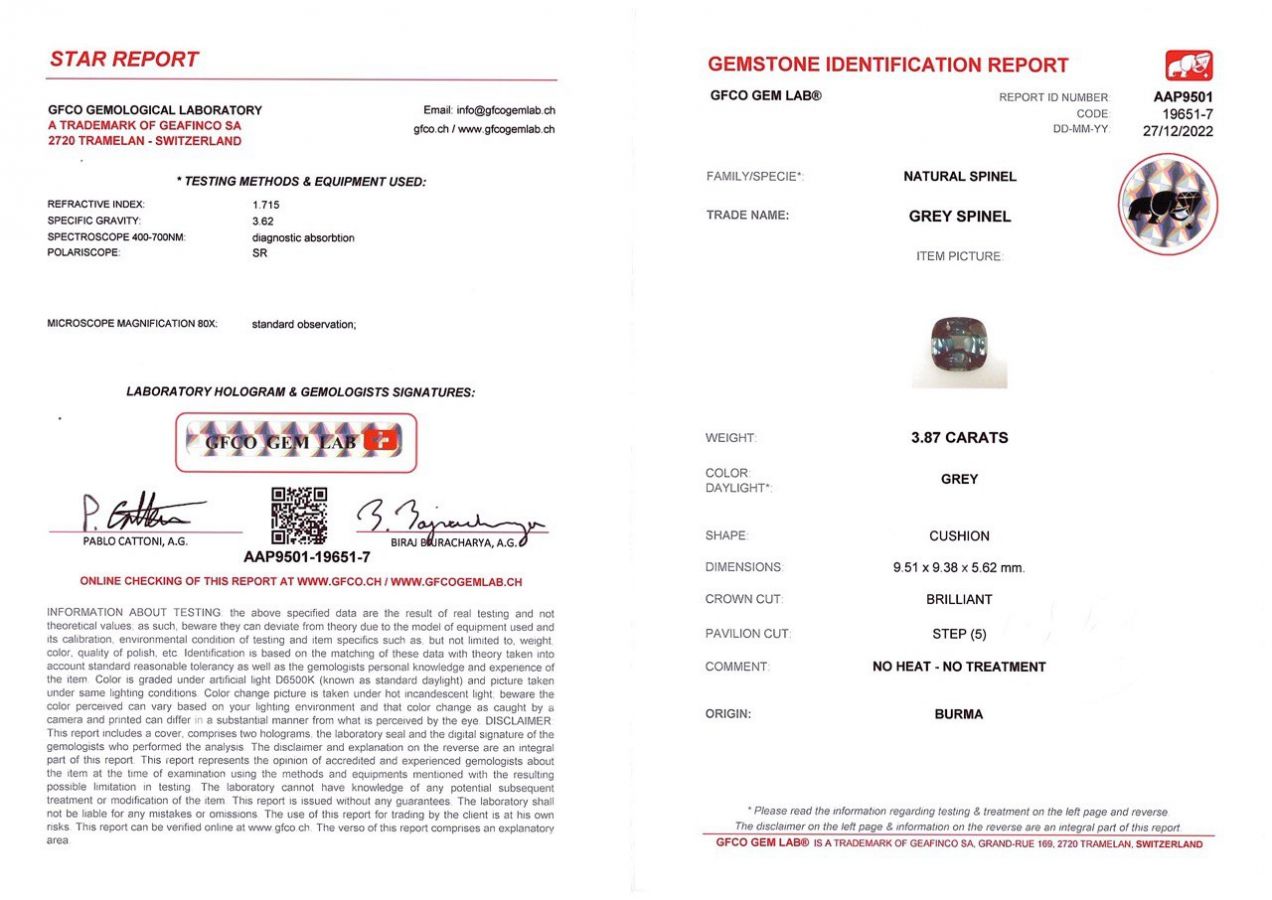 Сертификат Стальная шпинель в огранке кушон 3,87 карата