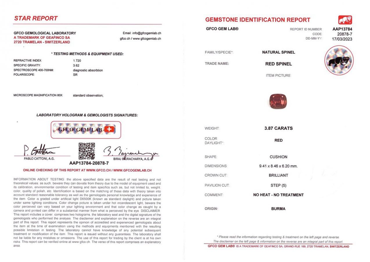 Сертификат Бирманская красная шпинель в огранке кушон 3,87 карата