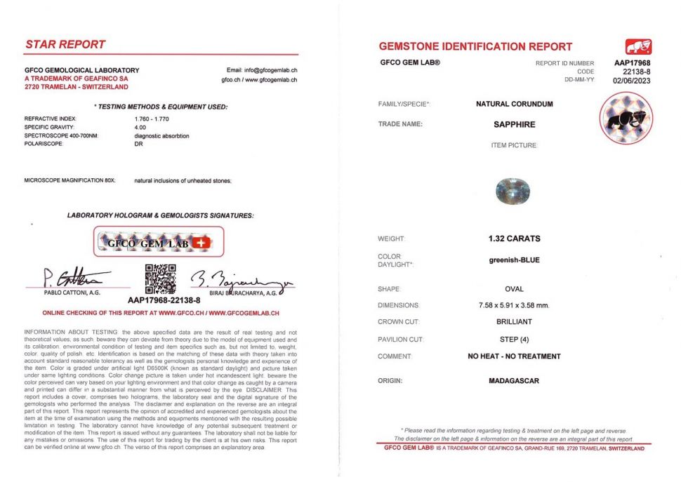 Сертификат Негретый мадагаскарский teal сапфир в огранке овал 1,32 карата
