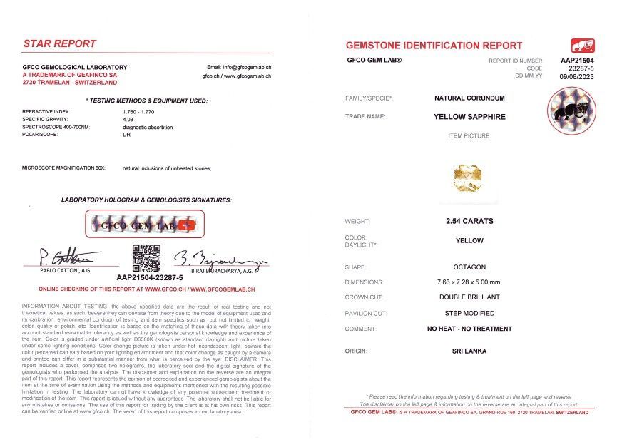 Сертификат Негретый золотой сапфир в огранке радиант 2,54 карата, Шри-Ланка
