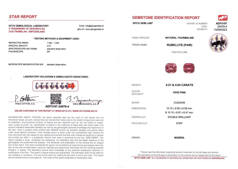Сертификат Пара красно-розовых рубеллитов в огранке кушон 8,25 карат, Нигерия