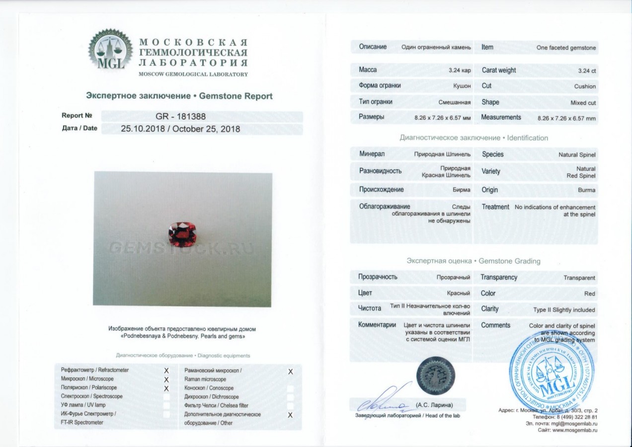 Сертификат Красная бирманская шпинель 3,24 карата