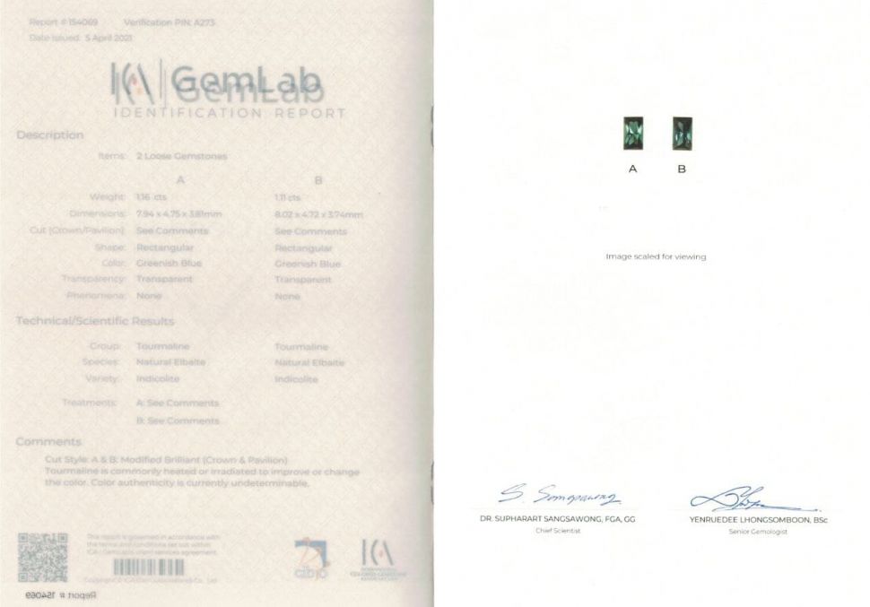 Сертификат Пара индиголитов 2,27 карата, Афганистан
