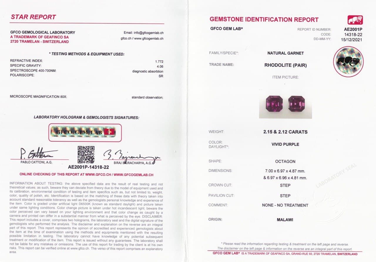 Сертификат Насыщенная пара родолитов в огранке ашер 4,27 карата, Малави