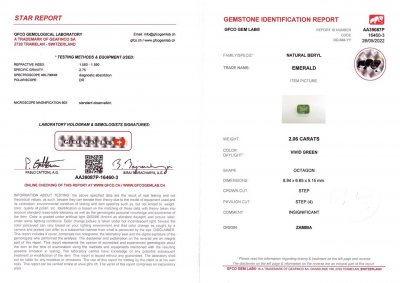 Сертификат Изумруд Vivid Green в огранке октагон 2,06 карат, Замбия, Insignificant