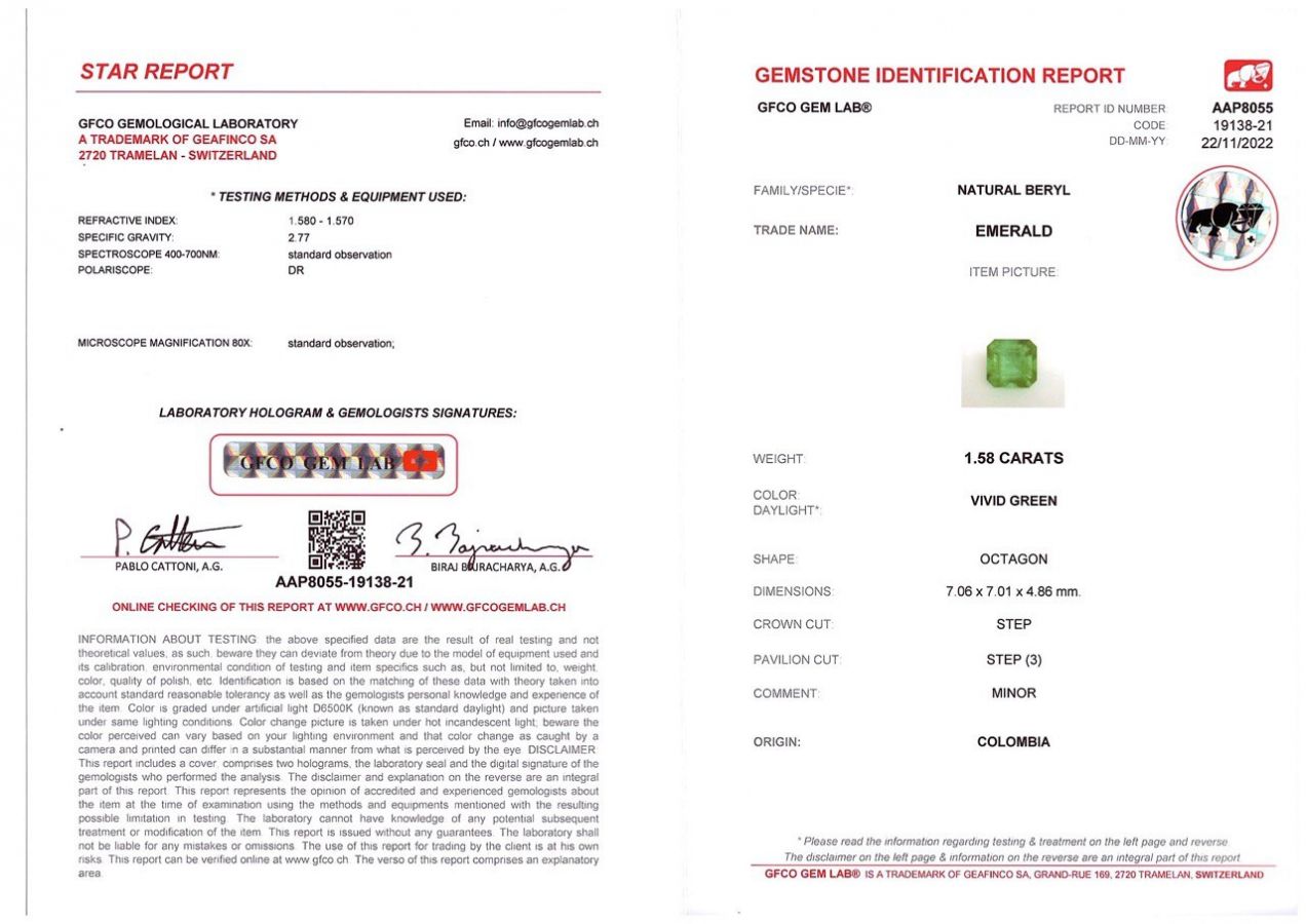 Сертификат Колумбийский изумруд в огранке ашер 1,58 карат