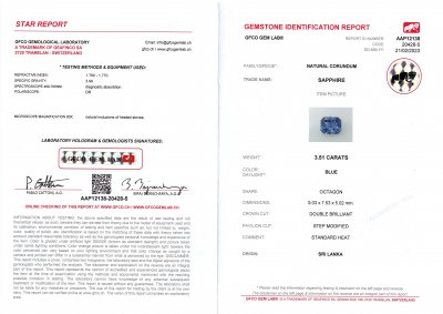 Сертификат Синий природный сапфир в огранке радиант 3,51 карат, Шри-Ланка