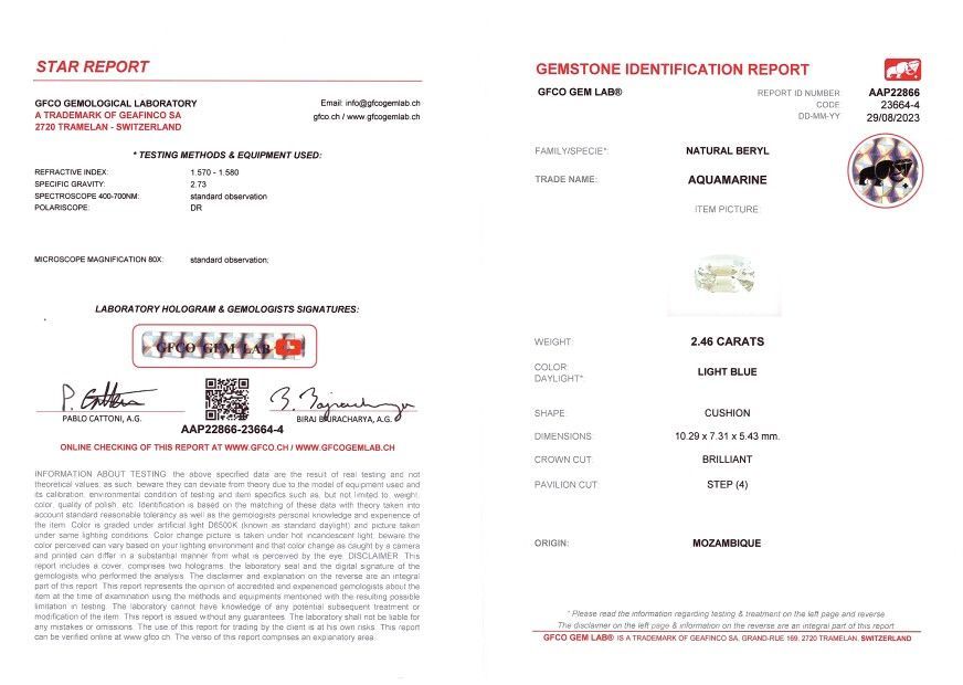Сертификат Аквамарин в огранке кушон 2,46 карат, Мозамбик, GFCO