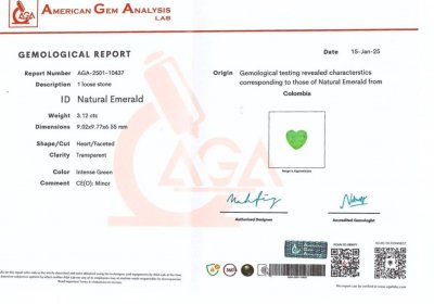 Сертификат Колумбийский изумруд в огранке сердце 3,12 карата