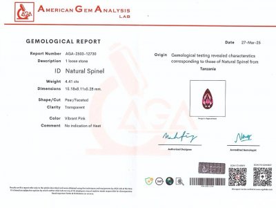 Сертификат Яркая розово-красная шпинель Махенге в огранке груша 4,41 карата, Танзания
