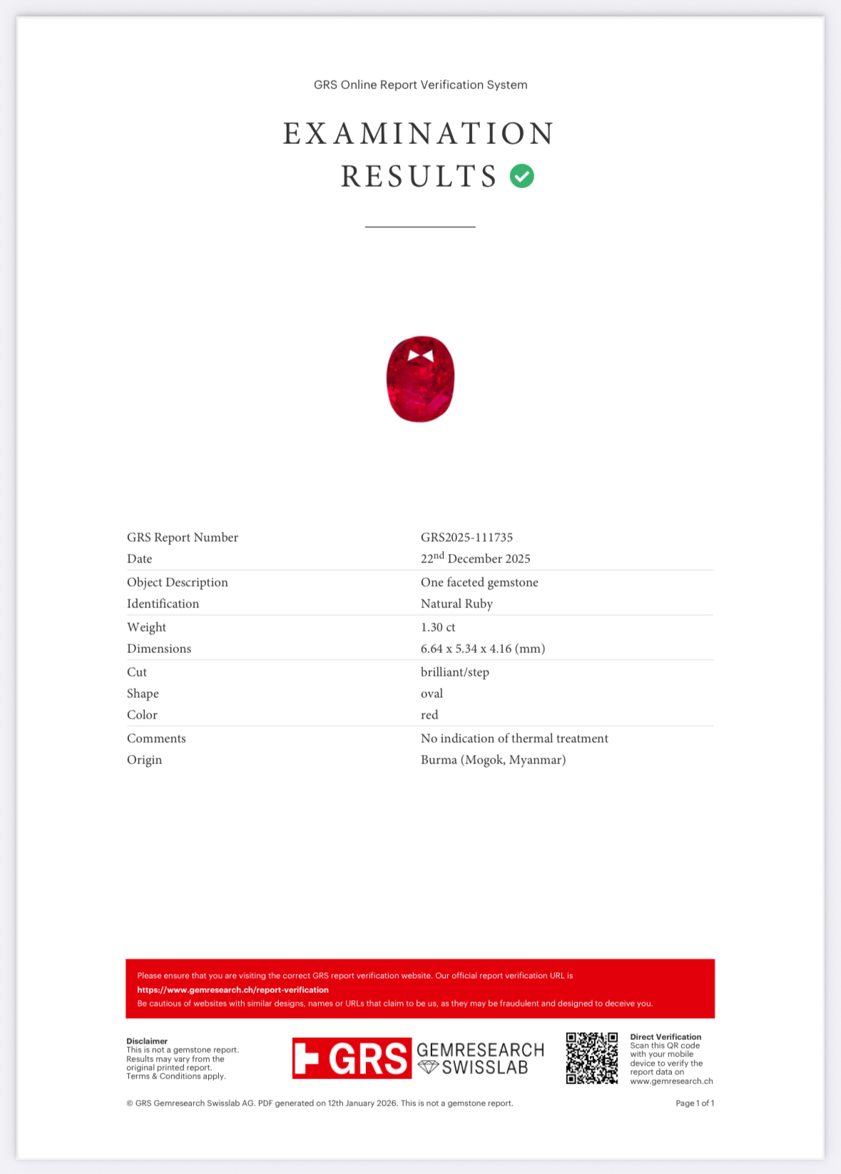 Негретый рубин в огранке овал 1,30 карат, Могок, GRS Изображение №6