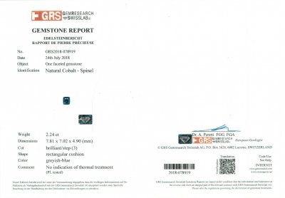 Сертификат Синяя шпинель 2,24 карата, GRS