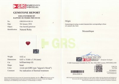 Сертификат Пара негретых рубинов 8,04 карат, Pigeon's blood, Мозамбик, GRS