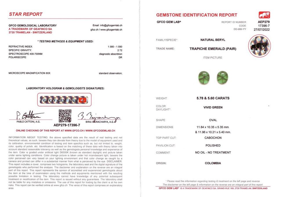 Сертификат Колумбийские изумруды трапиче цвета Vivid Green в огранке кабошон 11,38 карат