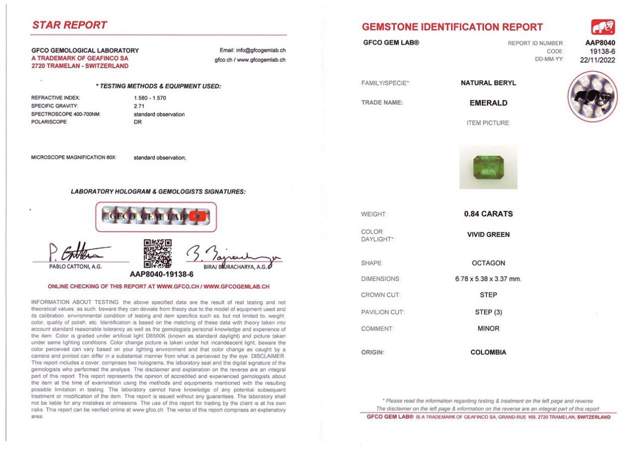 Сертификат Насыщенный изумруд из Колумбии 0,84 карат