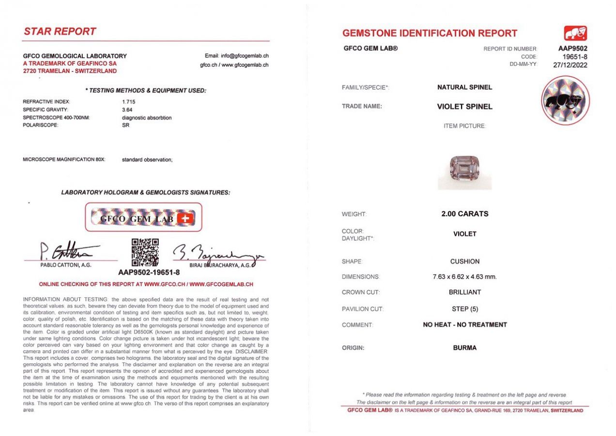 Сертификат Пурпурная шпинель в огранке кушон, 2,00 карата