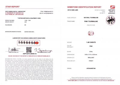 Сертификат Светло-розовый турмалин из Афганистана 1,48 карат