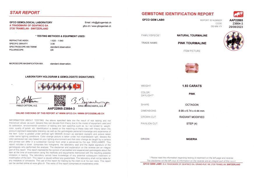 Сертификат Турмалин оранжевато-розовый в огранке октагон 1,93 карат, Нигерия