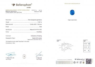 Сертификат Cиний сапфир Royal Blue в огранке овал 7,42 карата, Шри-Ланка