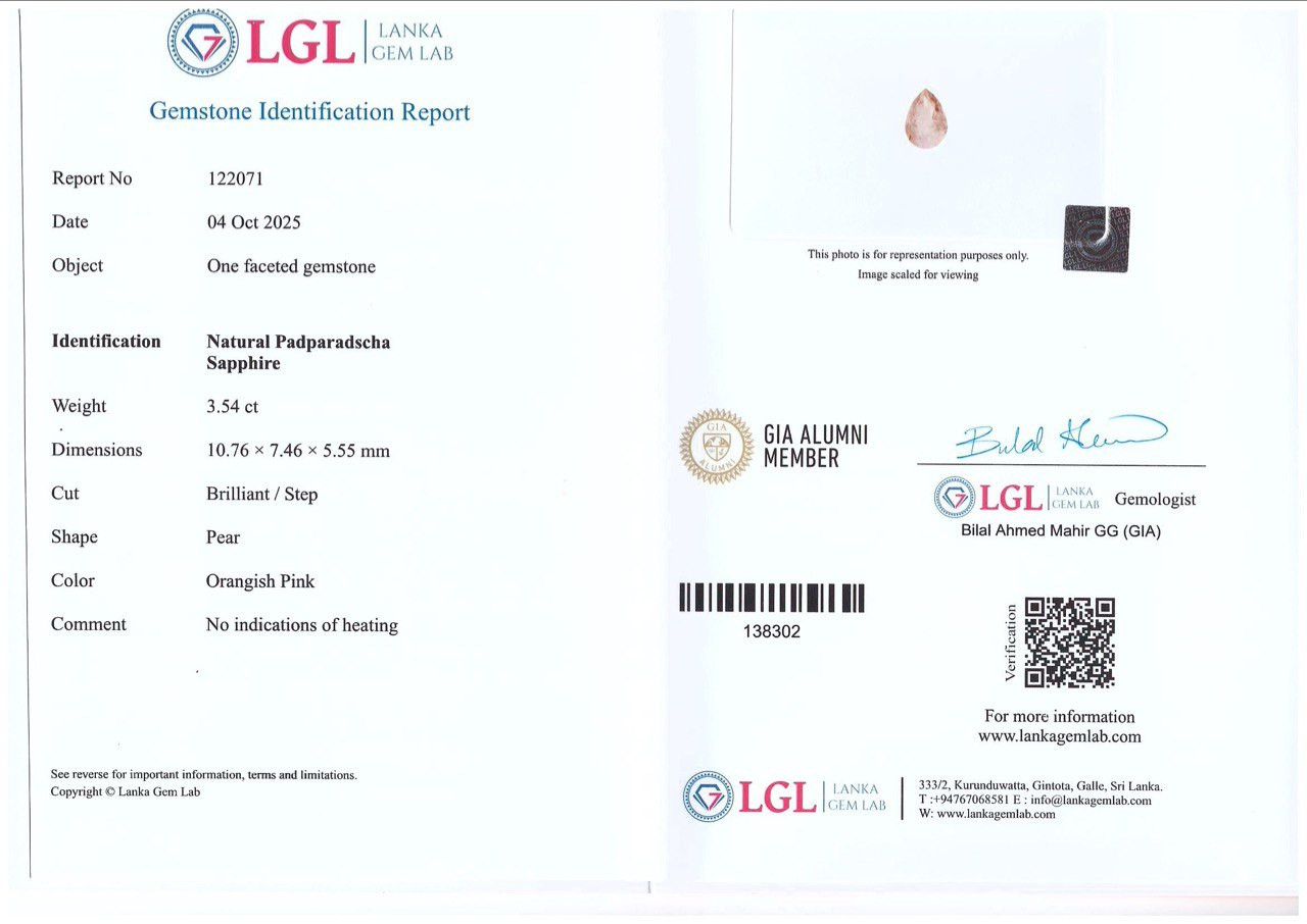 Негретый сапфир Падпараджа в огранке груша 3,54 карата, Шри-Ланка Изображение №6