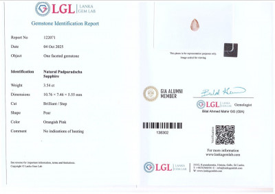 Сертификат Негретый сапфир Падпараджа в огранке груша 3,54 карата, Шри-Ланка