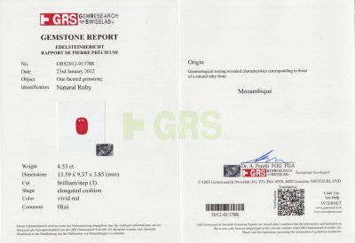 Сертификат Пара крупных рубинов 10,05 карат, Мозамбик (GRS)