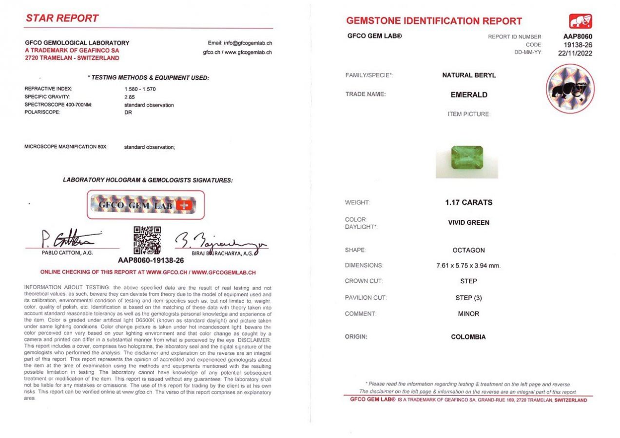 Сертификат Голубовато-зеленый колумбийский изумруд 1,17 карат