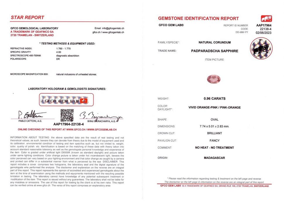 Сертификат Негретый сапфир Падпараджа в огранке кушон 0,96 карат, Мадагаскар