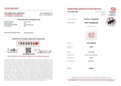 Сертификат Розовый турмалин в огранке октагон, 2,97 карат, Конго