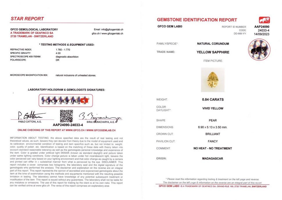 Сертификат Желтый негретый сапфир в огранке груша 0,84 карата, Мадагаскар