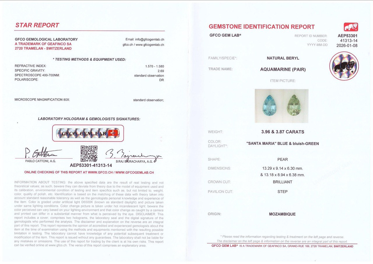 Пара контрастных аквамаринов в огранке груша 7,83 карат, Мозамбик Изображение №5