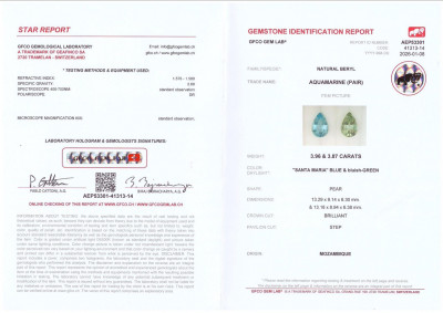 Сертификат Пара контрастных аквамаринов в огранке груша 7,83 карат, Мозамбик