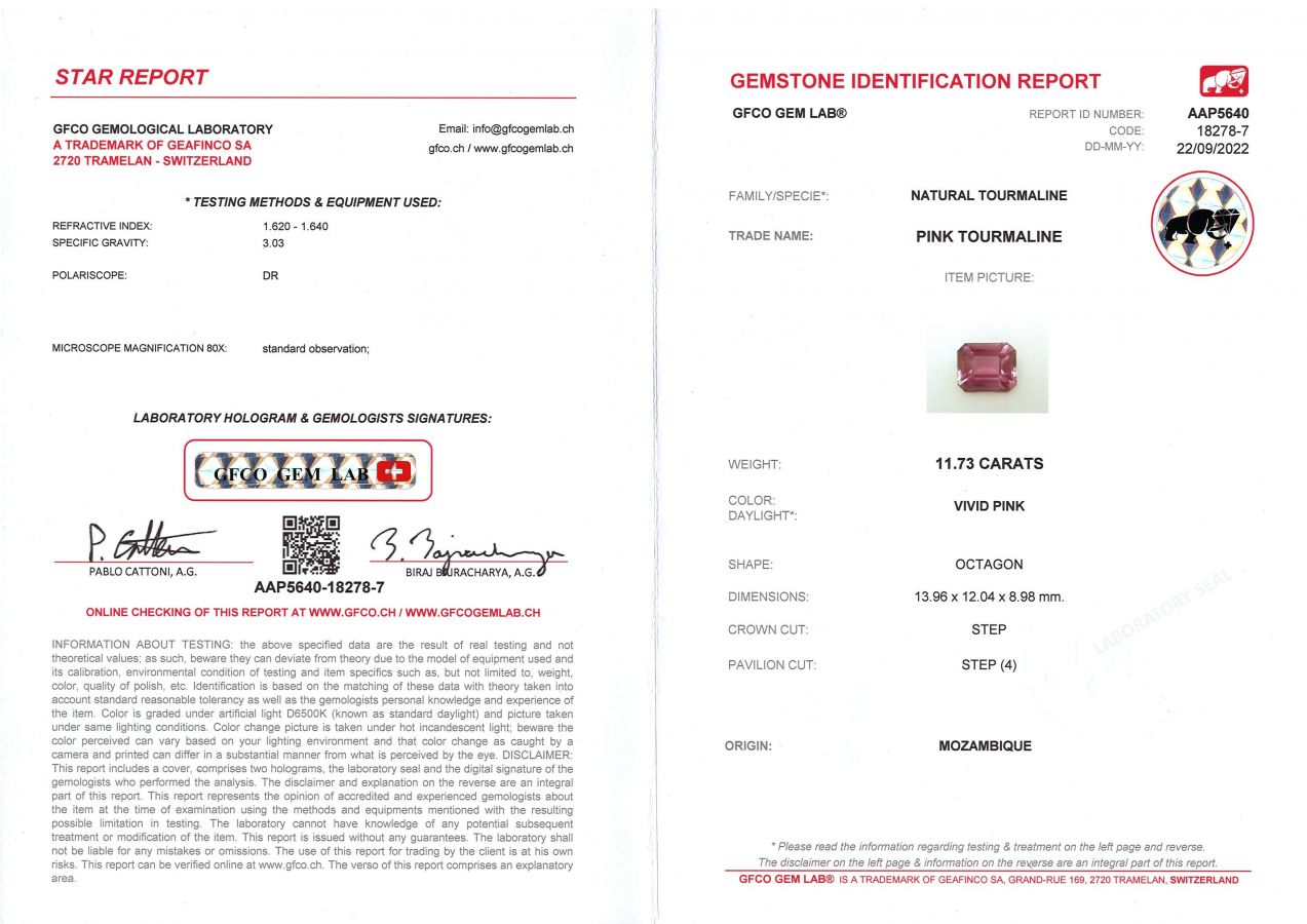 Сертификат Крупный розовый турмалин в огранке октагон 11,73 карата, Мозамбик
