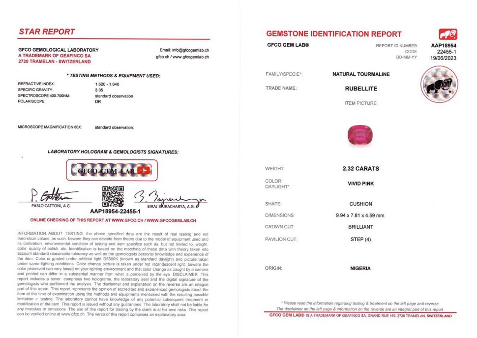 Сертификат Ярко-розовый рубеллит в огранке кушон 2,32 карата